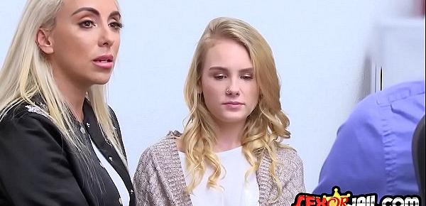  Two horny blondes with big breast are sucking a big cock in order to avoid jail.